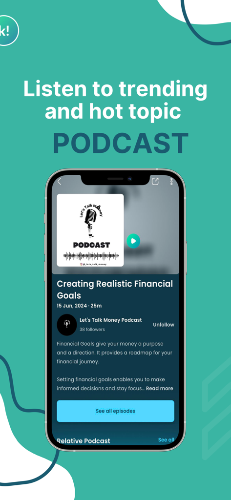 Kwot! - Video, Music & Podcast - Interface of Kwot app showing a trending African podcast episode