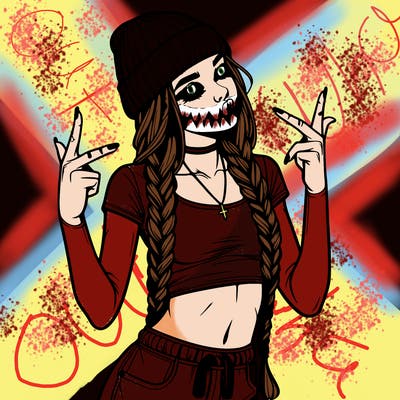 realistic teenage girl with braids and a beanie and crop top doing 🫶🏼