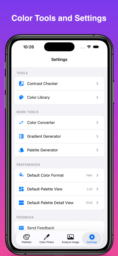 ColorKit – Palette & Picker - Pantalla de configuración de la aplicación ColorKit que muestra una lista de herramientas de utilidad que incluyen verificador de contraste y generador de paletas