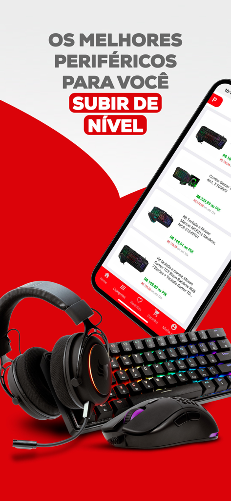 Smartphone displaying the Pichau app interface with gaming headsets keyboards and mice