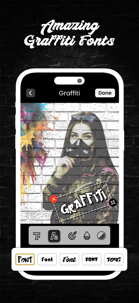 Graffiti Creator: Draw Text - Interfaccia dell'app Graffiti Creator che mostra vari stili di font di street art applicati a uno sfondo fotografico.