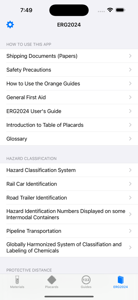 Cargo Decoder Plus - Cargo Decoder Plus app interface displaying the Emergency Response Guidebook 2024 menu