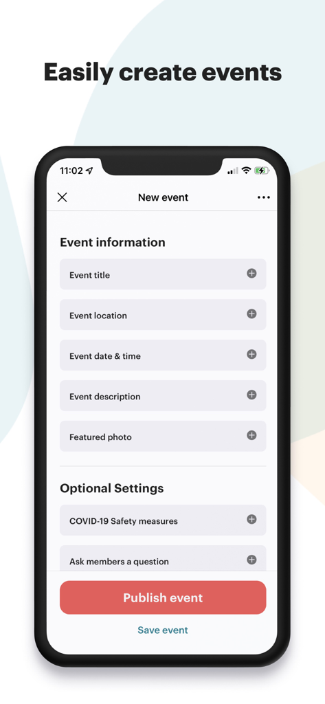 A smartphone screen displaying the event creation form in the Meetup for Organizers app with options for title, location, and date.
