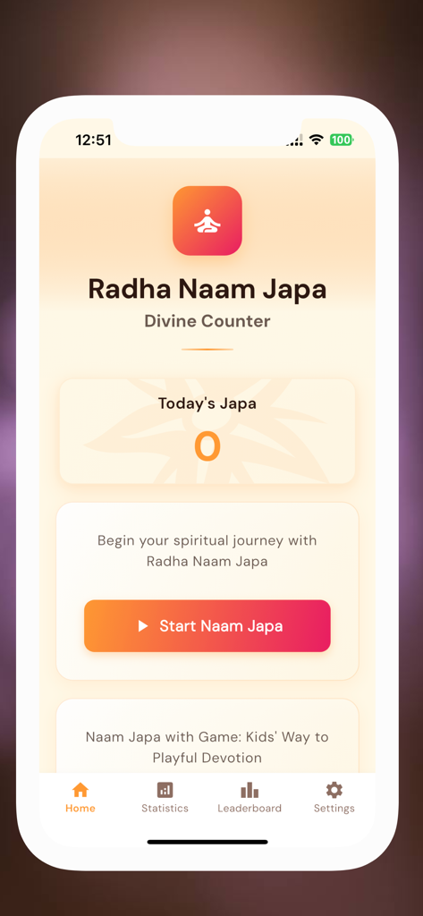 Radha Chant Counter - Home screen of the Radha Naam Japa app displaying a daily chant counter and start button for spiritual meditation.