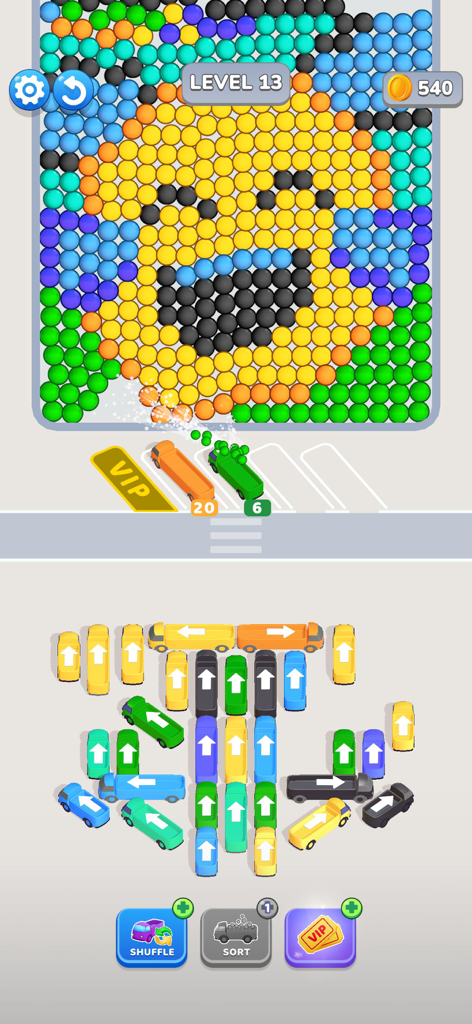 A color sorting puzzle level in Bubble Bus showing buses collecting matching colored bubbles from a smiley face grid