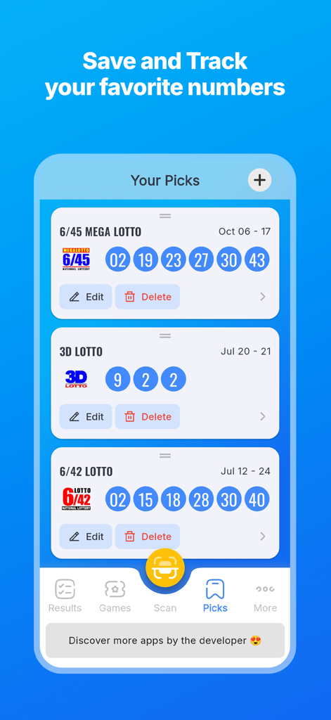Daily PCSO Lotto Results - Interfaccia dell'app Risultati Lotto PCSO Giornalieri che mostra i numeri preferiti salvati per diversi giochi della lotteria come Mega Lotto e Lotto 3D.