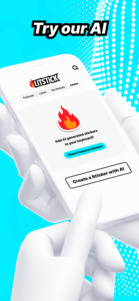 Uma tela de iPhone exibindo o recurso do aplicativo Litstick para criar e adicionar figurinhas geradas por IA ao teclado.