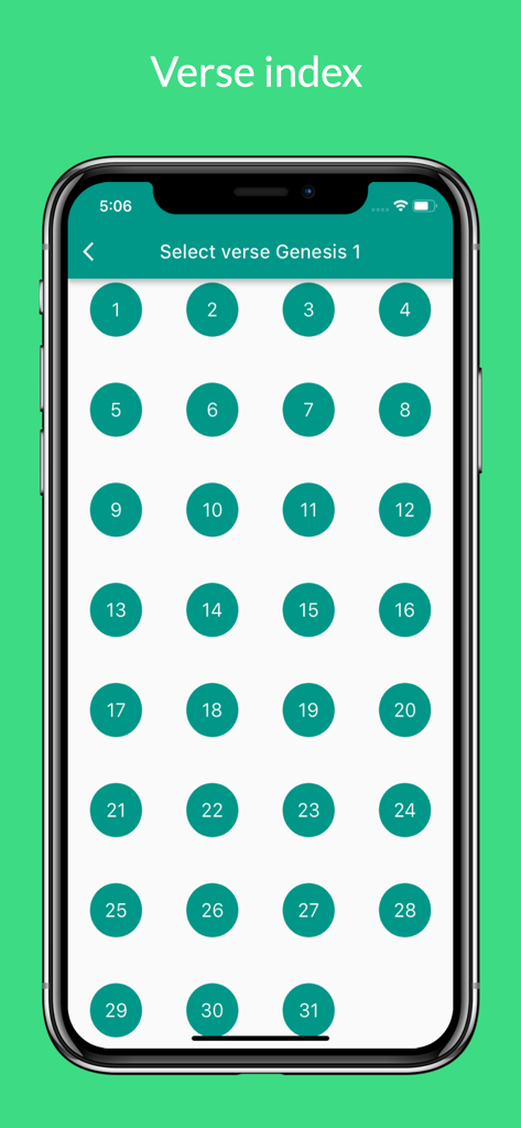 A verse index screen in the Word of God Bible app showing numbered circles for selecting verses in Genesis 1.