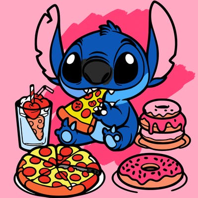 stich eating pizza and donuts