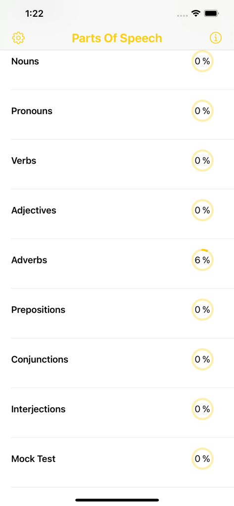 A menu showing various English grammar topics like nouns and verbs with progress percentages