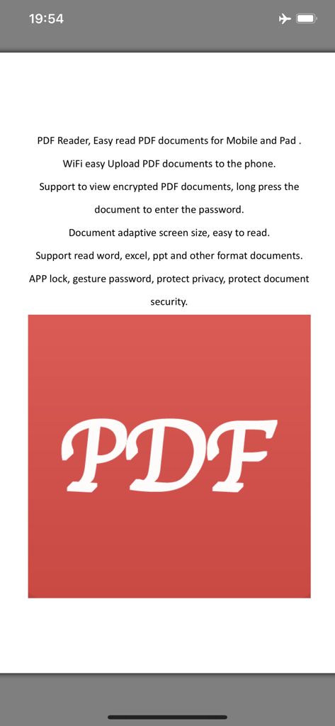 PDF Reader - Docs Viewer - Screenshot showing the feature list and logo of the PDF Reader and Docs Viewer app.