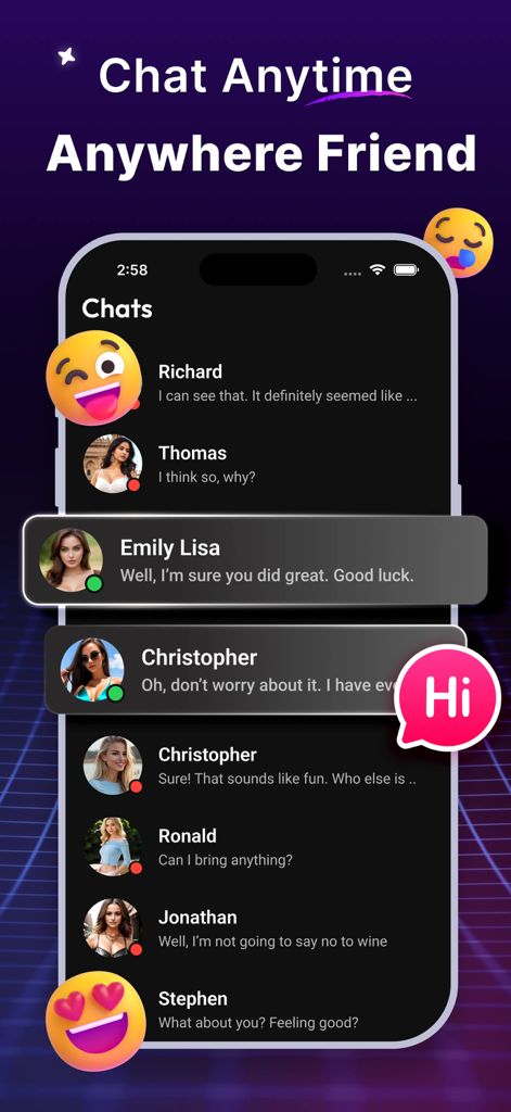Chat-Oberfläche der Luvina AI Girlfriend App, die eine Liste verfügbarer virtueller Begleiter und aktuelle Nachrichten anzeigt