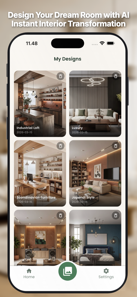 AI Room Design : Home Interior - A gallery of AI-generated interior design styles including Industrial Loft and Japandi on a mobile app screen.
