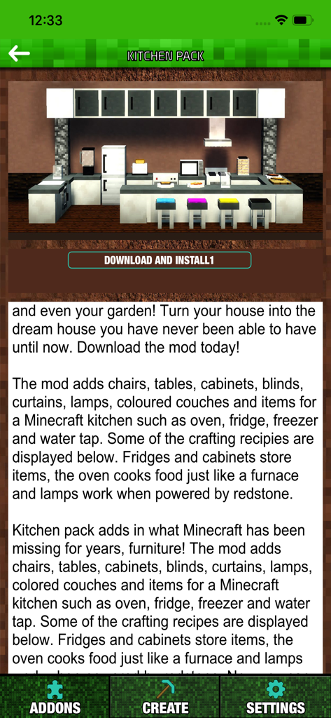 Screenshot of a Minecraft kitchen pack showing modern white cabinets, appliances, and colorful stools.