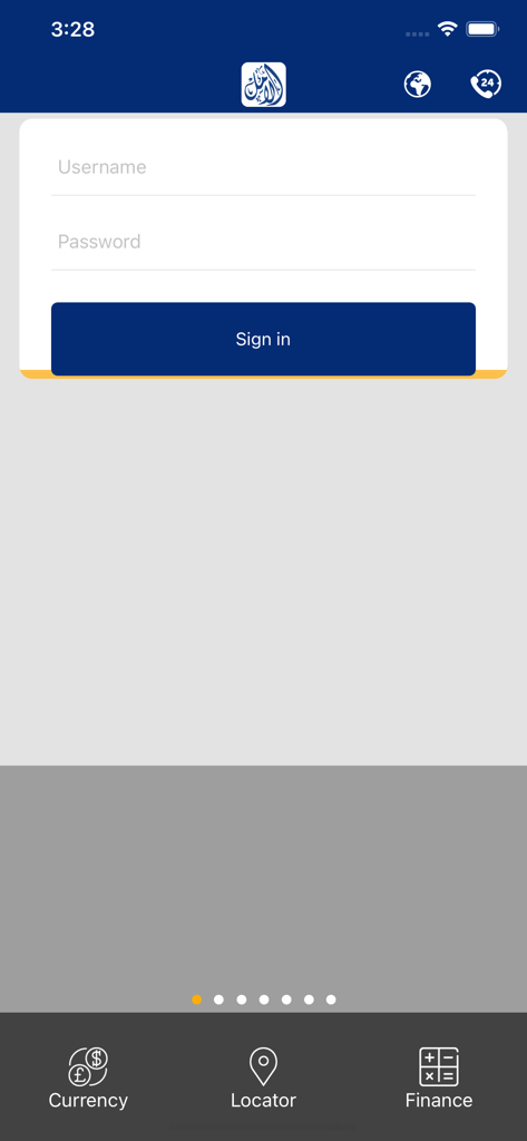 Amal Bank Mobile Banking - Tela de login do aplicativo móvel Amal Bank com campos para nome de usuário e senha