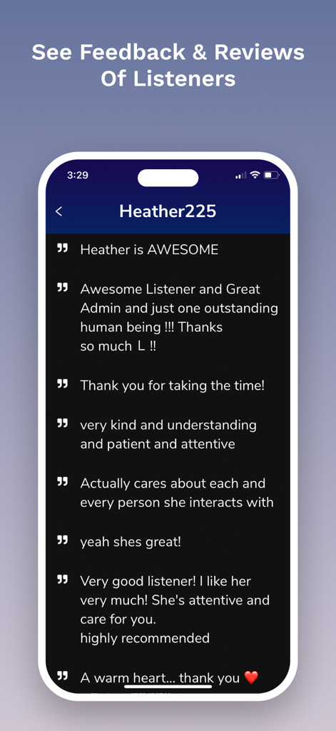 7 Cups: Online Therapy & Chat - Uma captura de tela mostrando avaliações e feedback positivos para um ouvinte no aplicativo de terapia online 7 Cups.