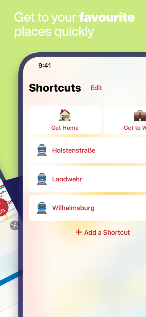Pantalla de accesos directos en la aplicación Hamburg Metro que muestra ubicaciones y estaciones favoritas guardadas