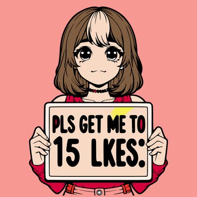 realistic girl holding up a sign that says “pls get me to 15 likes!”