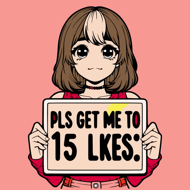 realistic girl holding up a sign that says “pls get me to 15 likes!”
