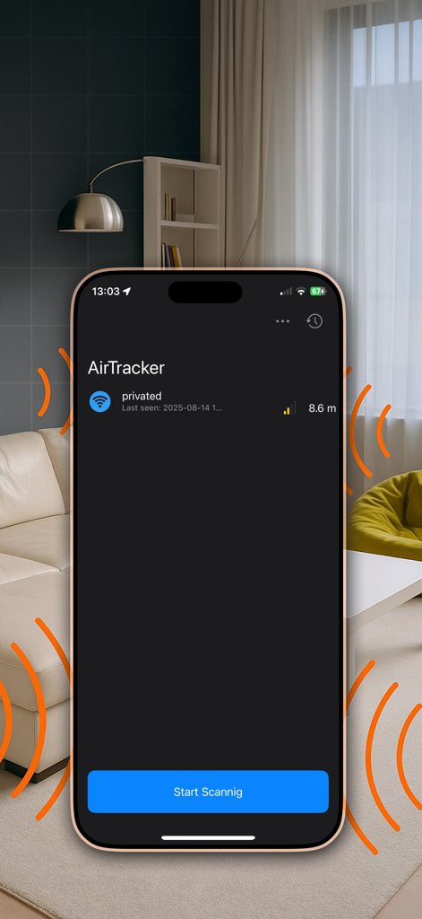 Device Detector - Spy Finder - Captura de pantalla de la aplicación Device Detector que muestra la función AirTracker escaneando señales electrónicas en una sala de estar