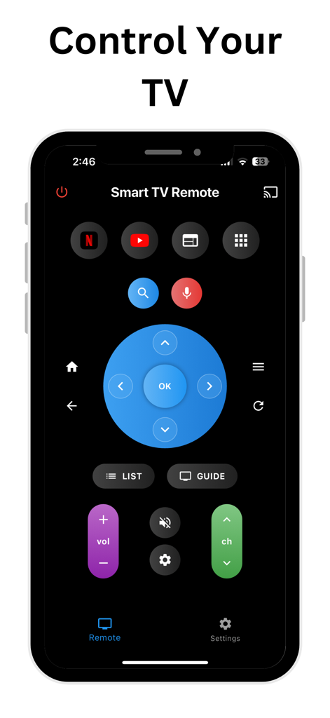RemoteZap: Universal TV Remote - Smart TV remote interface on a smartphone featuring volume, channel, navigation, and streaming app shortcut buttons.