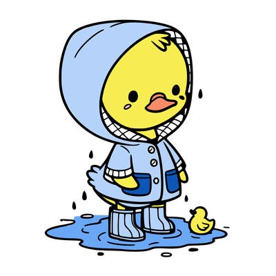 baby duck in a rain coat and boots, in a puddle while it’s raining