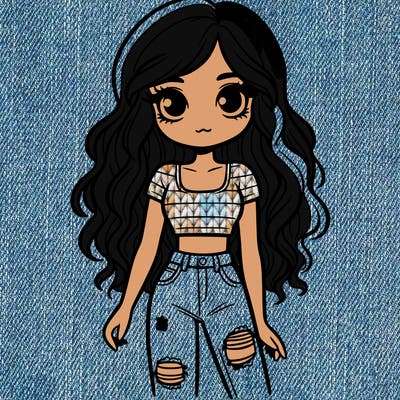 a girl with long wavy hair and has a crop top and ripped jeans on