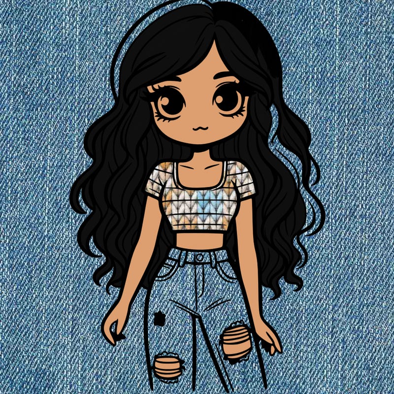 a girl with long wavy hair and has a crop top and ripped jeans on