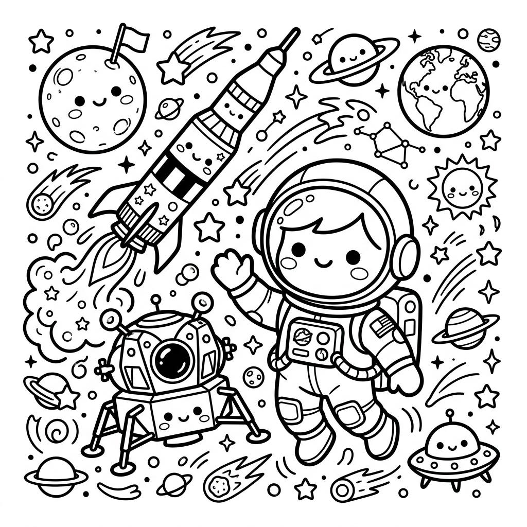 Kawaii Apollo Missions Coloring Page | Cute Space Adventure