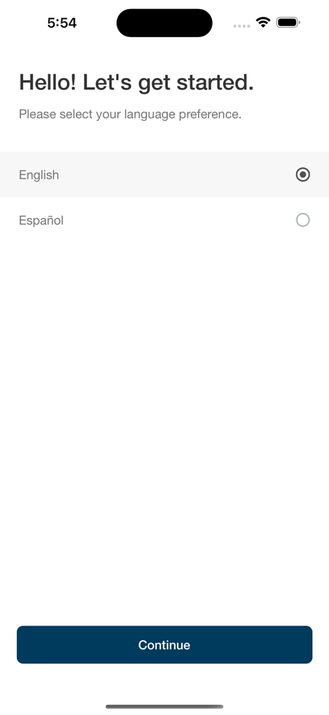 Language selection screen in the My LoanCare Go app with English and Spanish options