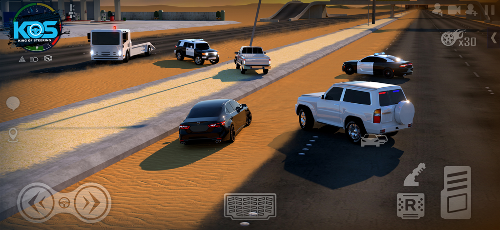Gameplay of King Of Steering showing various vehicles on a desert highway with on-screen driving controls