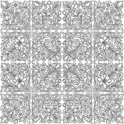 Discover a beautiful floral element grid pattern designed for a deeply engaging coloring experience. This intricate botanical design features a harmonious arrangement of flowers, leaves, and vines, perfect for adult colorists.