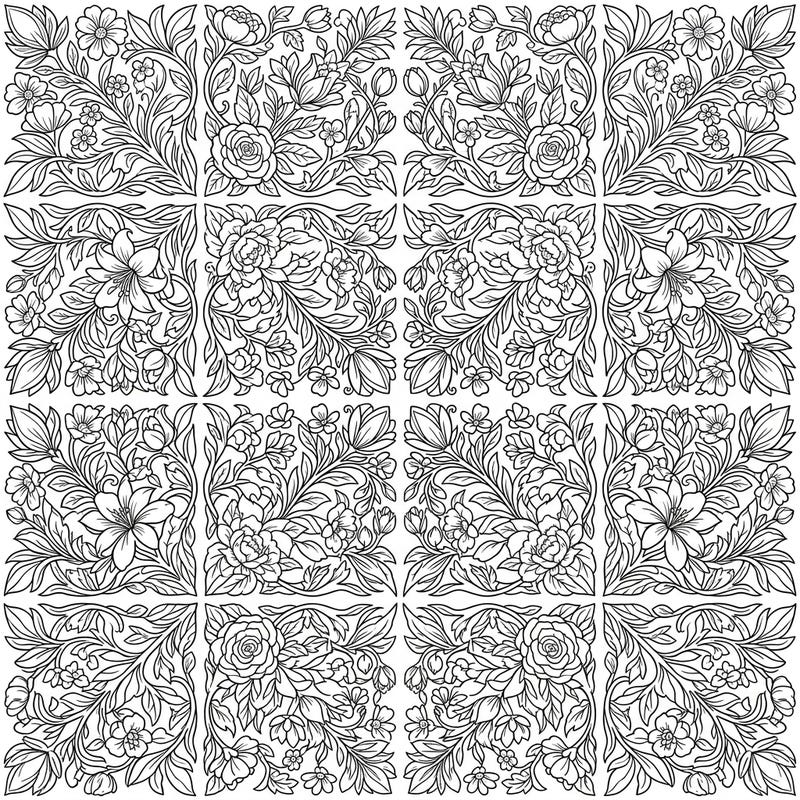 Discover a beautiful floral element grid pattern designed for a deeply engaging coloring experience. This intricate botanical design features a harmonious arrangement of flowers, leaves, and vines, perfect for adult colorists.