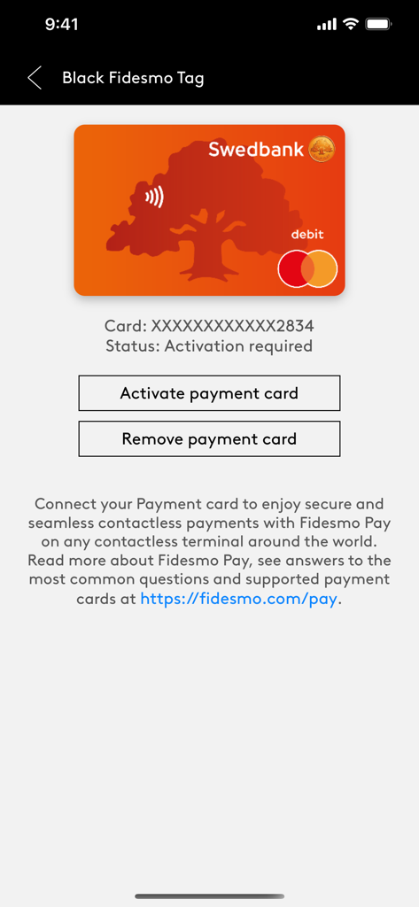 Screenshot of Fidesmo app showing a Swedbank debit card with options to activate or remove the payment card