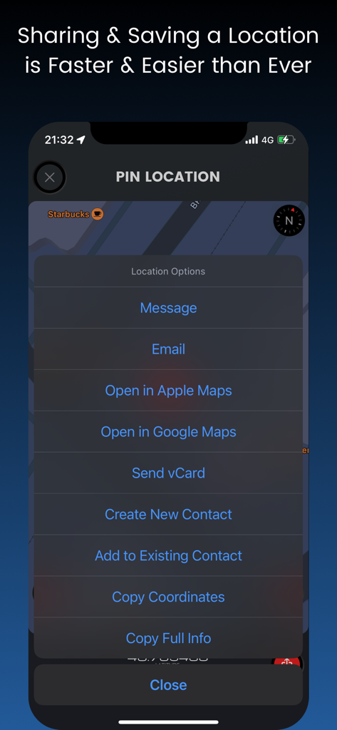 Interface of the iTools app showing location sharing options like message email and map integrations