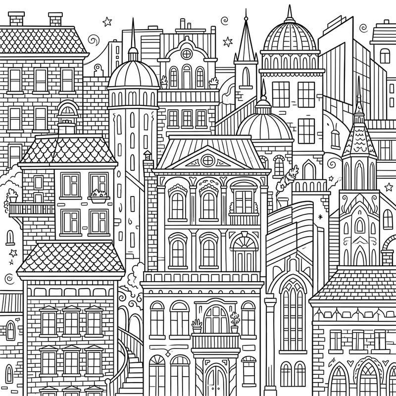 Immerse yourself in a beautifully detailed architectural cityscape, perfect for mindful coloring. This intricate design offers hours of creative relaxation and cognitive stimulation for senior colorists.