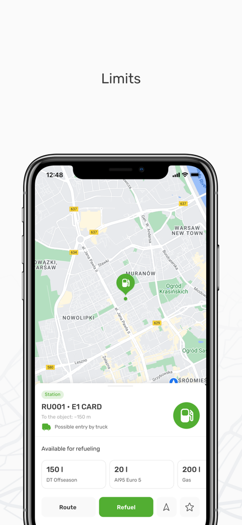 Oberfläche der mobilen E1 CARD App, die eine Tankstelle auf einer Karte mit verfügbaren Literzahlen und Limits für Berufskraftfahrer anzeigt.