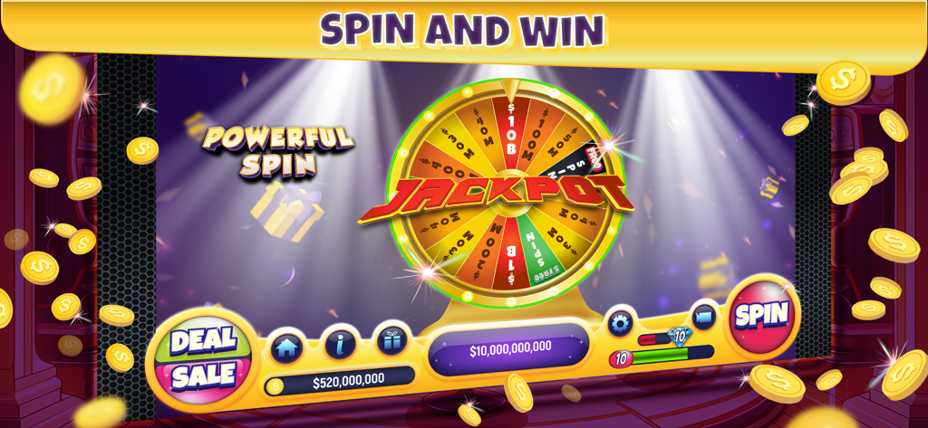 NG Slot app interface featuring a colorful jackpot bonus wheel and floating gold coins
