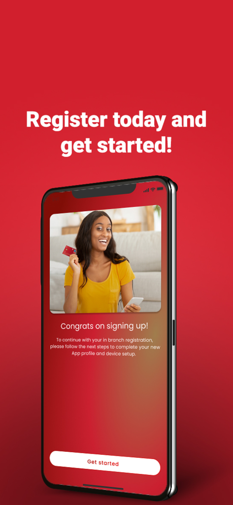 SBS Banking App - SBS Banking App Registrierungsbildschirm mit einer Frau, die eine Bankkarte und ein Smartphone hält