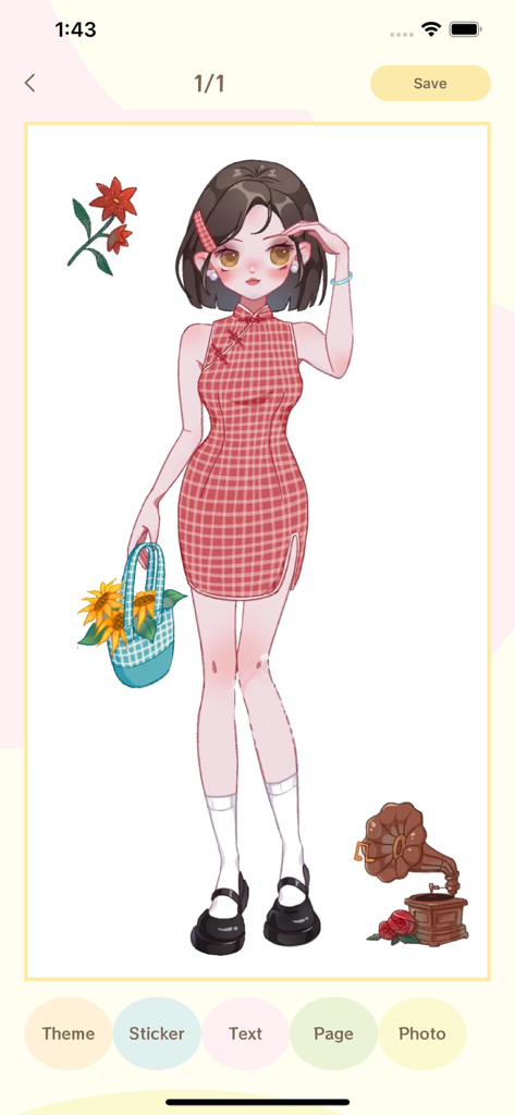 Cute notes - Daily Planner - Digital journal editor in the Cute notes app featuring an aesthetic cartoon girl sticker and vintage decorations