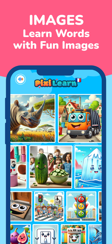 PixiLearn - French FlashCards - Aplicación de vocabulario francés de PixiLearn que muestra una galería de imágenes educativas divertidas para que los niños aprendan palabras