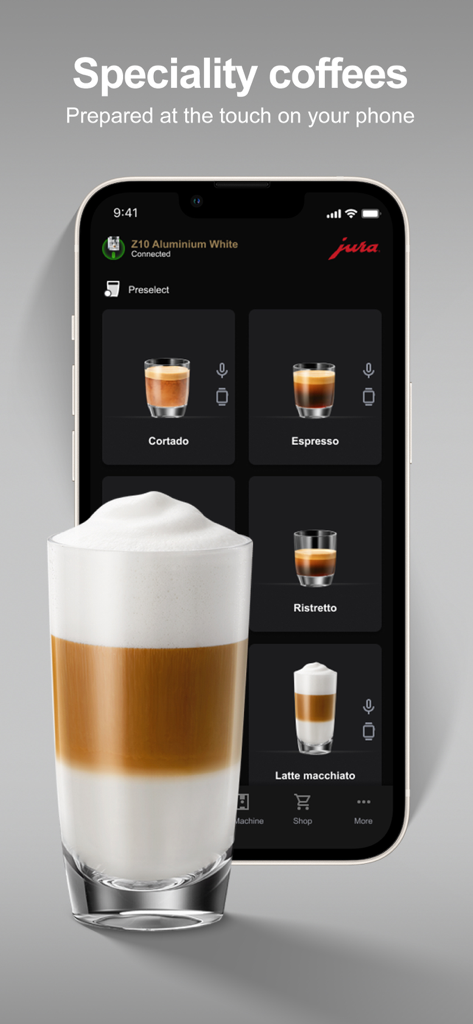 The J.O.E. app on an iPhone displaying a selection of specialty coffee drinks like espresso and latte macchiato.
