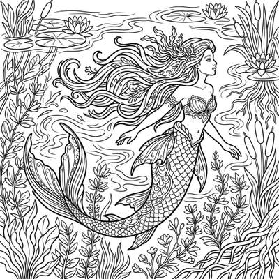 Discover the serene beauty of this lake mermaid coloring page, featuring a graceful siren gliding through calm freshwater. This intricately detailed scene is filled with lush aquatic plants, delicate water flora, and subtle ripples, promising a captivating artistic journey.