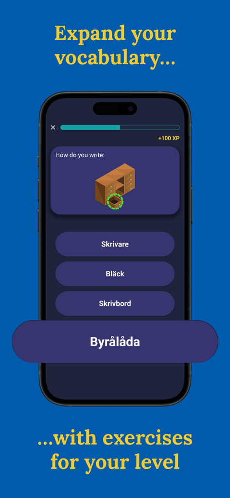 Learn Swedish (Beginners) - Un ejercicio de vocabulario en la aplicación Aprende Sueco donde un usuario identifica una imagen de un cajón con palabras suecas de opción múltiple.