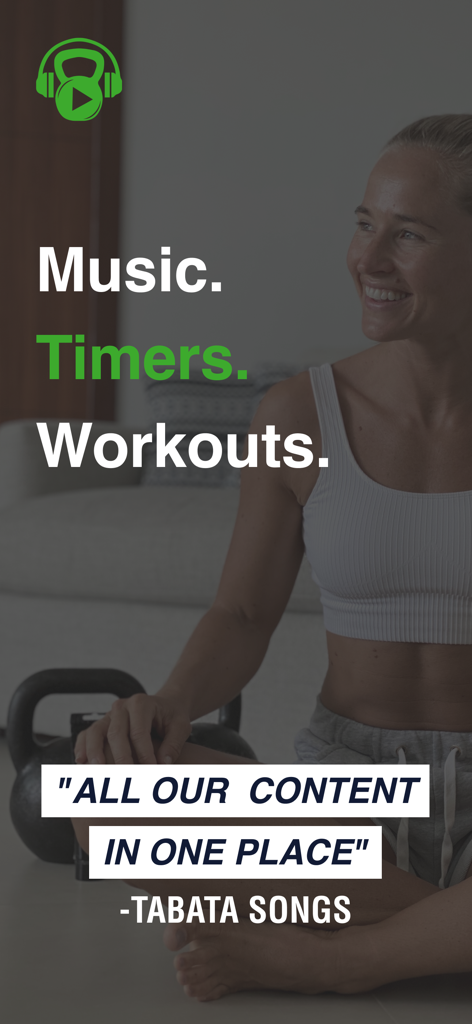 Tabata Songs Plus - A smiling woman in workout gear with text highlighting music timers and workouts from Tabata Songs Plus