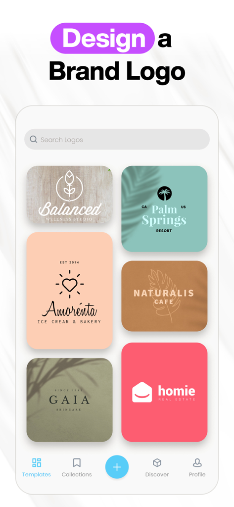 Design Lab app screen showing a selection of brand logo templates for various industries like wellness and real estate