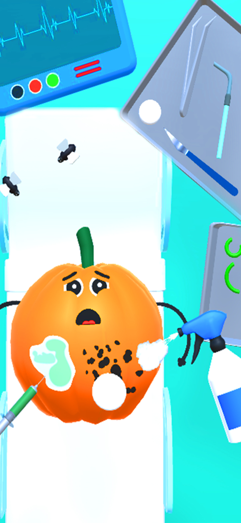 Fruit Doctor 3D: Fruit Clinic - A sad pumpkin character undergoing a medical procedure with surgical tools in the Fruit Doctor 3D game.