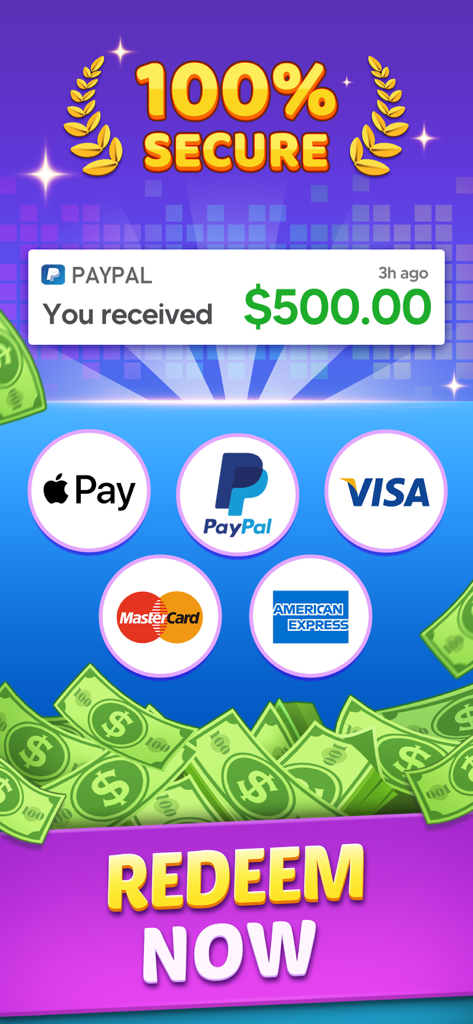Block Cash - Win Real Money - Secure payout interface showing a five hundred dollar PayPal notification and various payment icons like Apple Pay and Visa