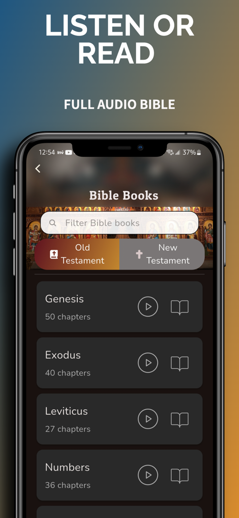 Interface of the Orthodox Bible app showing a list of Bible books with options to listen or read