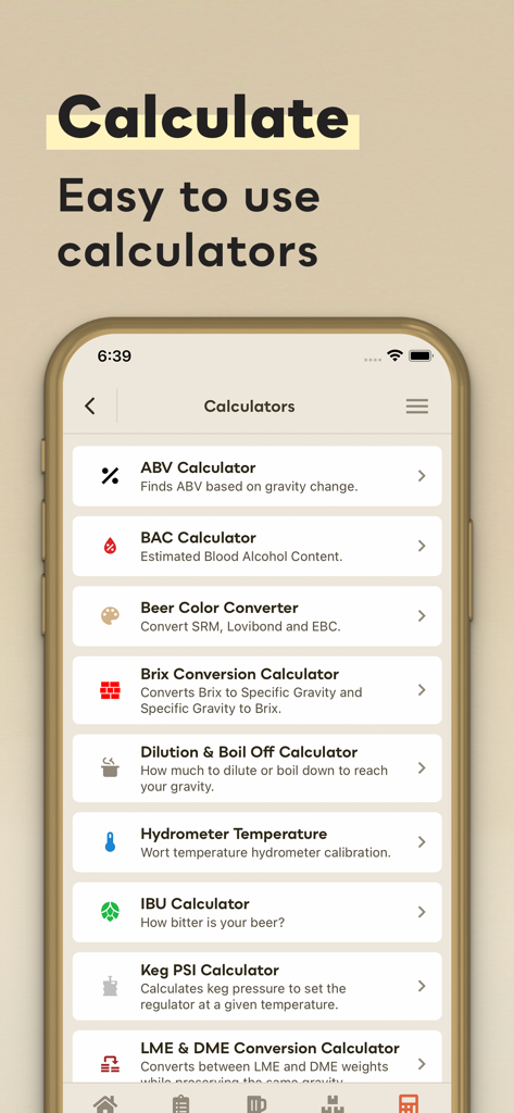 Pantalla de la aplicación móvil que muestra una lista de calculadoras de elaboración casera fáciles de usar para ABV, IBU y color de cerveza.